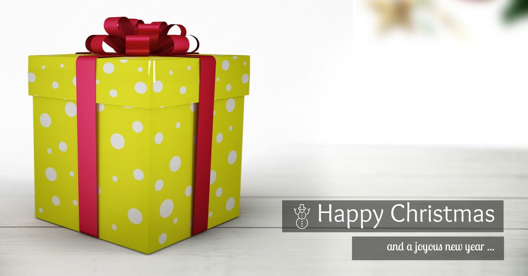 Festive Yellow Gift Box with Red Ribbon for Holiday Greetings