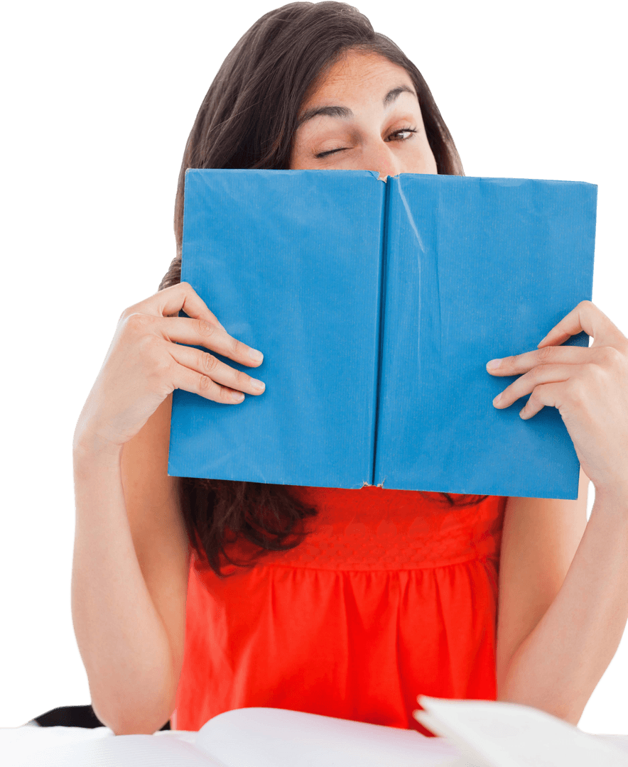Woman Winking Behind Blue Book with Transparent Background