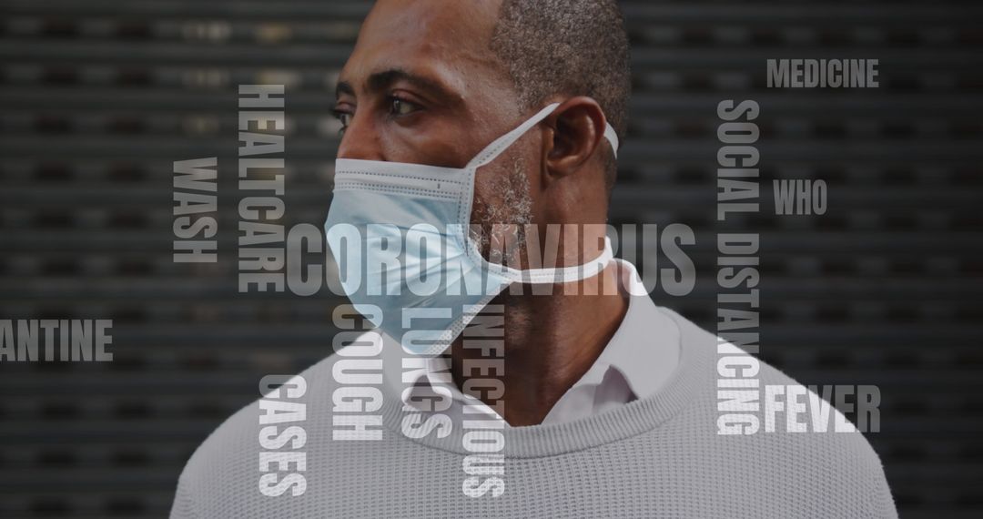 Man Wearing Face Mask Amid COVID-19 Digital Text Overlay