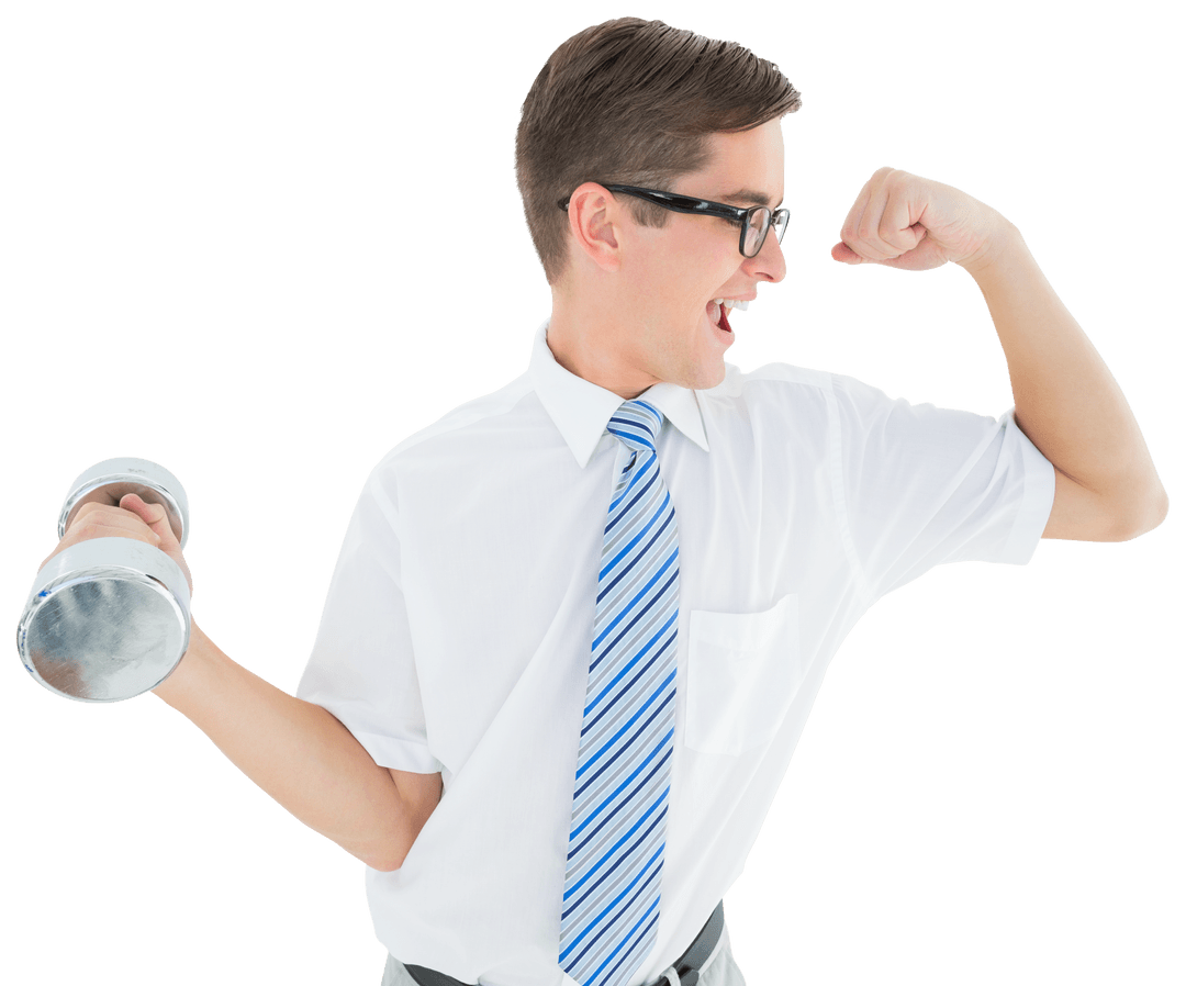 Transparent Businessman with Dumbbell Flexing Strength