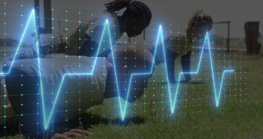 Vibrant Heart Rate Display Over Group Outdoor Fitness Exercise