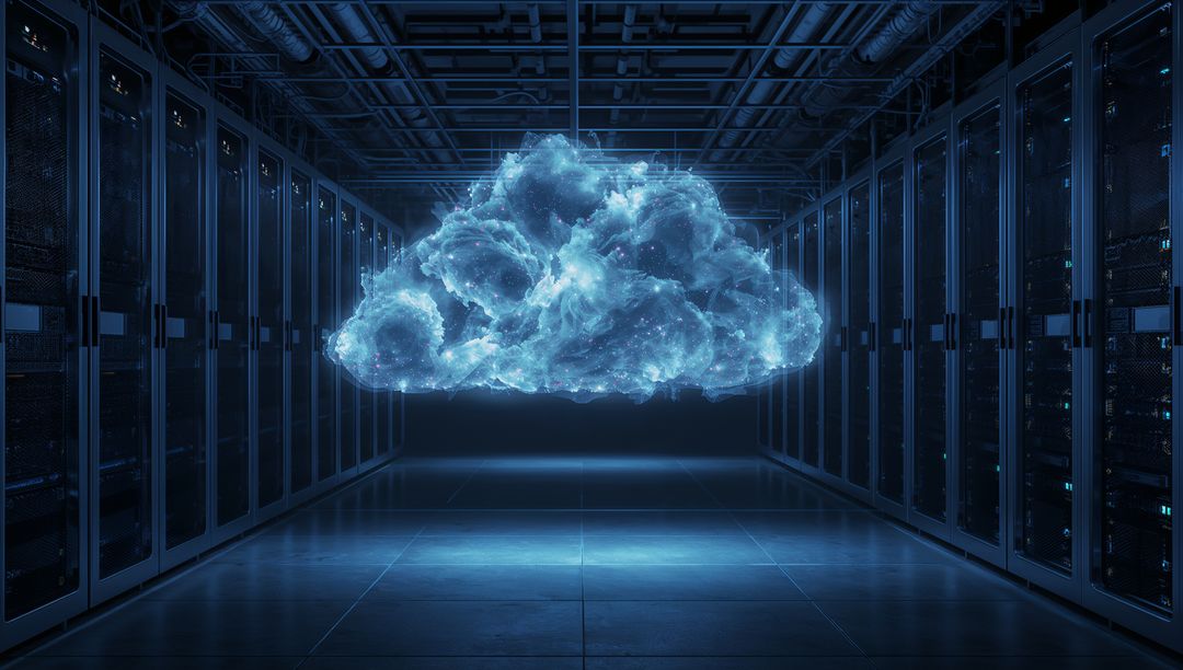 Hovering Luminous Cloud Hologram in Data Center Aisle with Rack Servers and Digital Particles