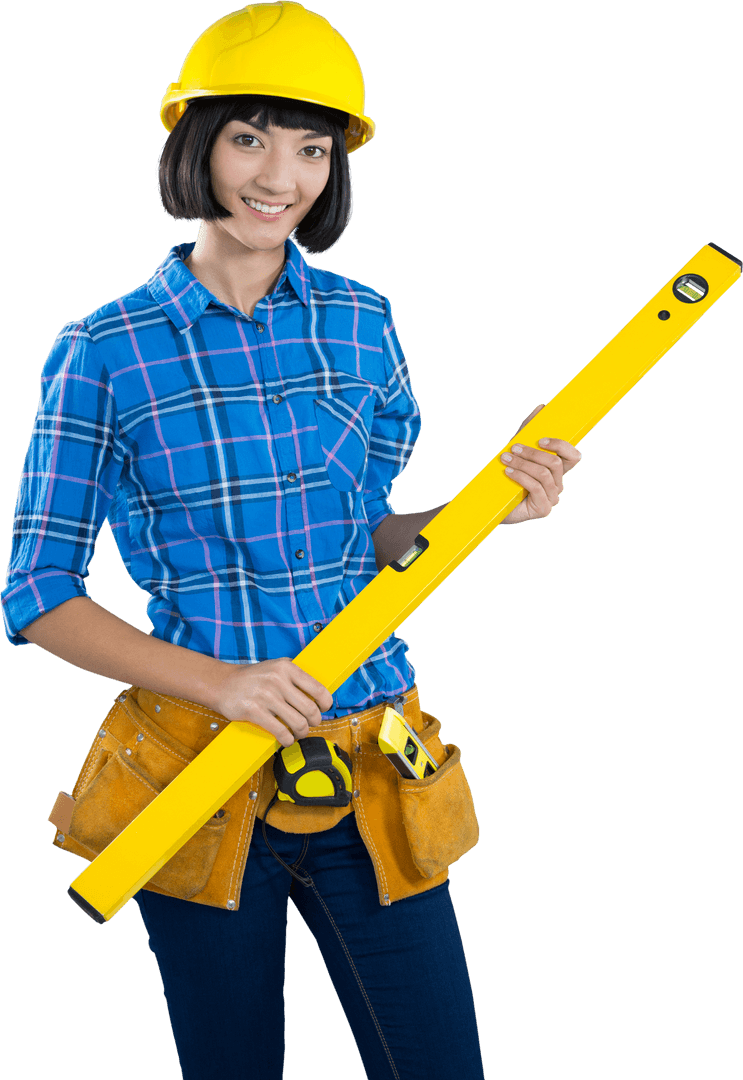 Smiling Female Architect Holding Transparent Measuring Level