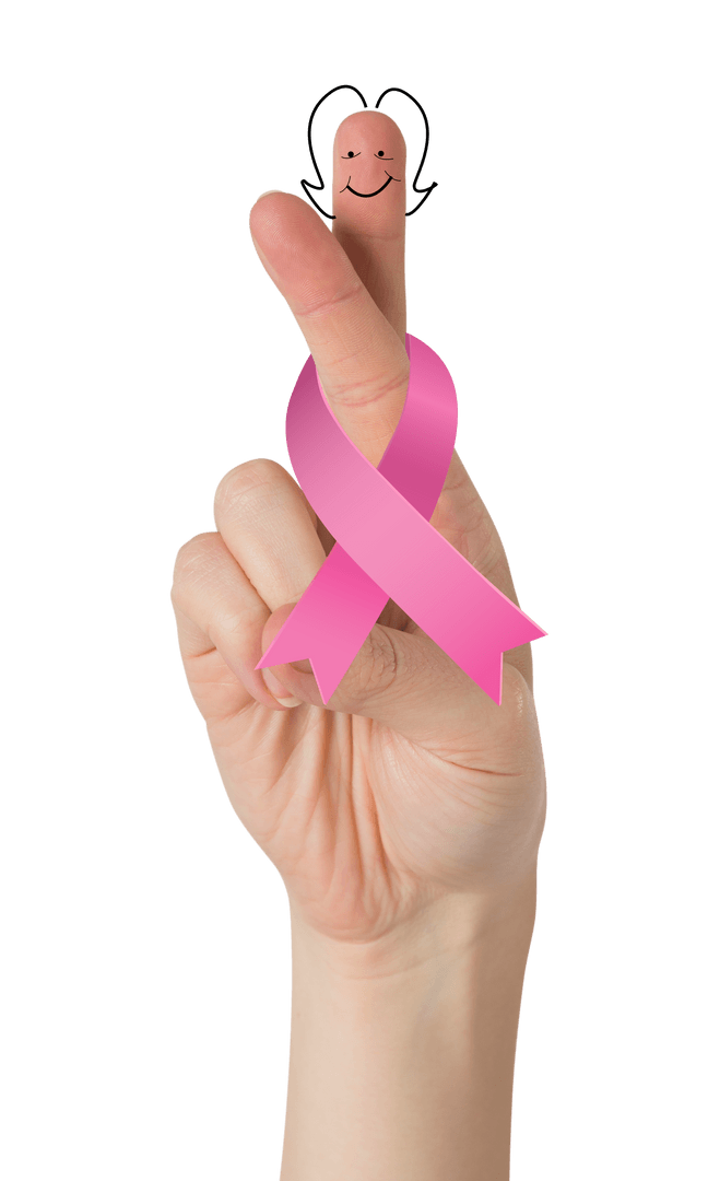 Hand Gesture with Pink Ribbon on Transparent Background