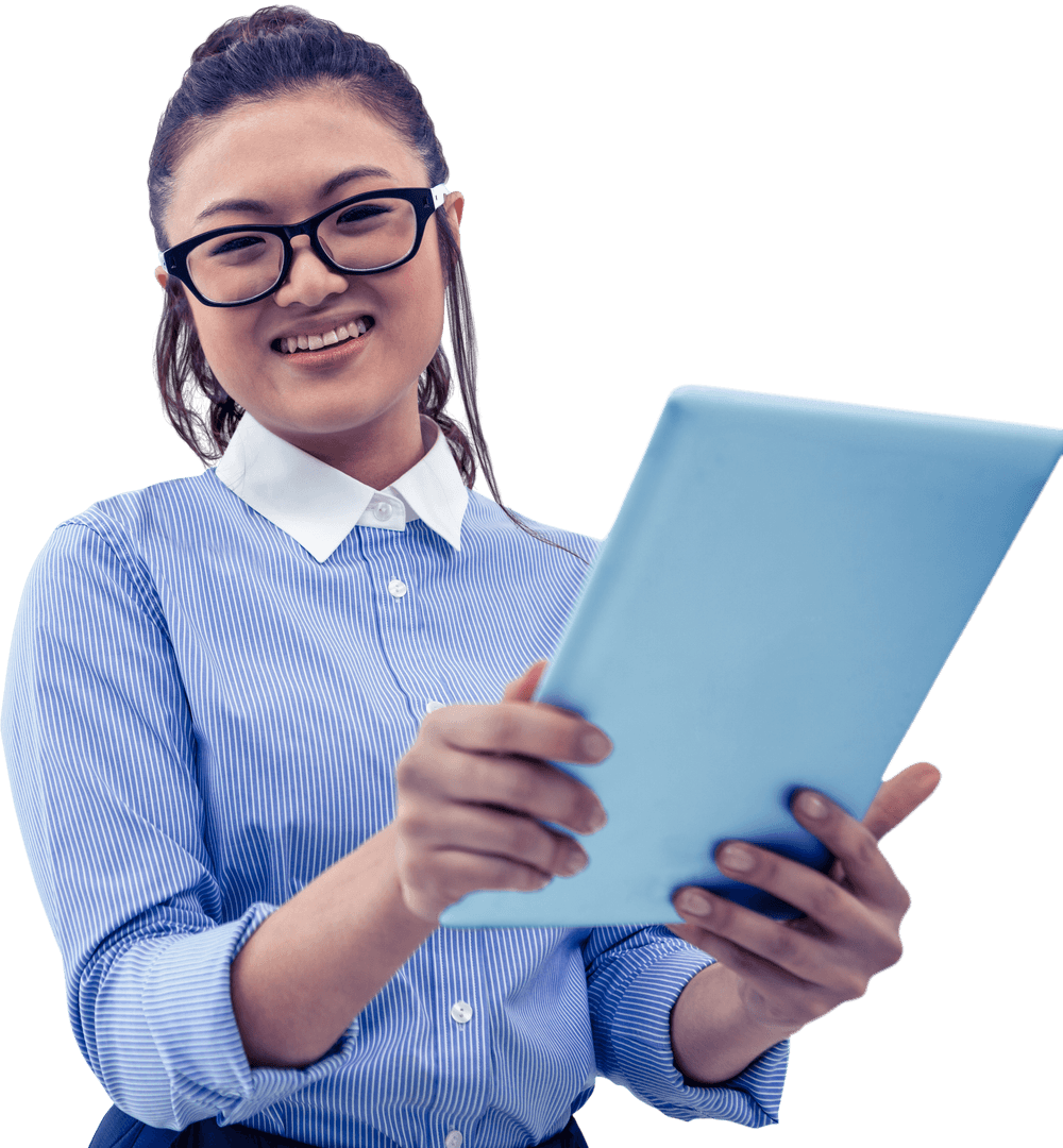 Asian Businesswoman Using Tablet in Transparent Office Setting