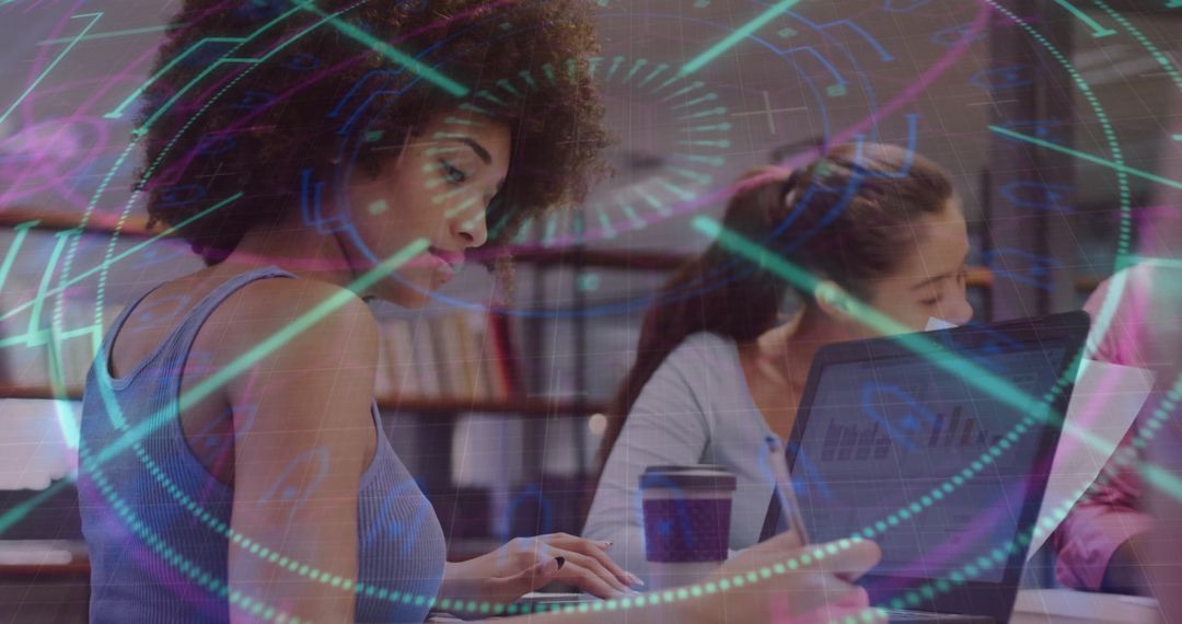 Young Woman Working with Futuristic Digital Overlay in Library