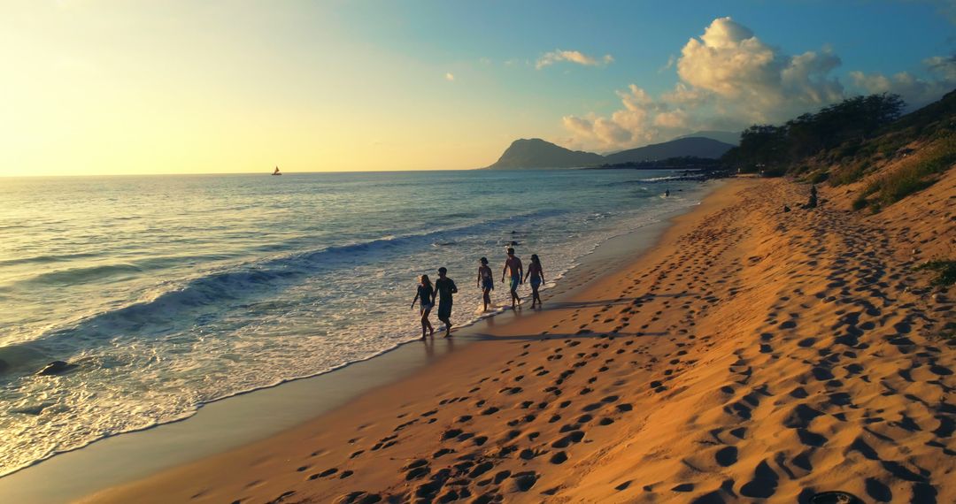 Group of Friends Walking on Scenic Beach at Sunset - Free Images, Stock Photos and Pictures on Pikwizard.com