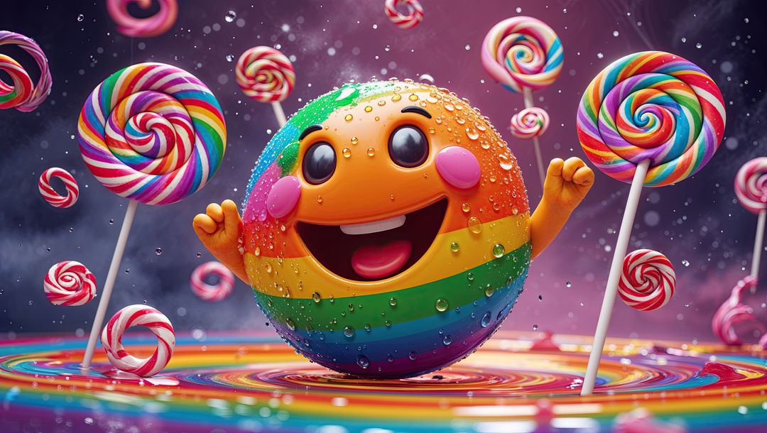 Joyful Rainbow Sphere Among Floating Lollipops in Fantasy World