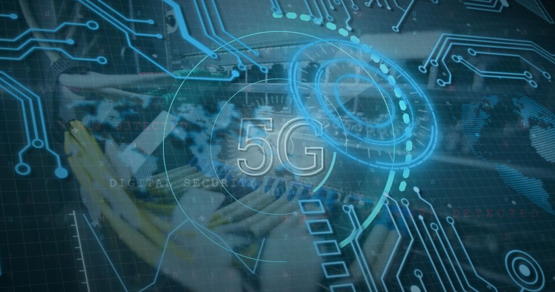 Engineer Fixing Server with 5G and Digital Overlay