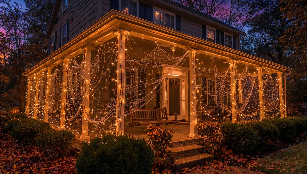 Charming Porch Decorated with Illuminated Spider Web Lights During Twilight