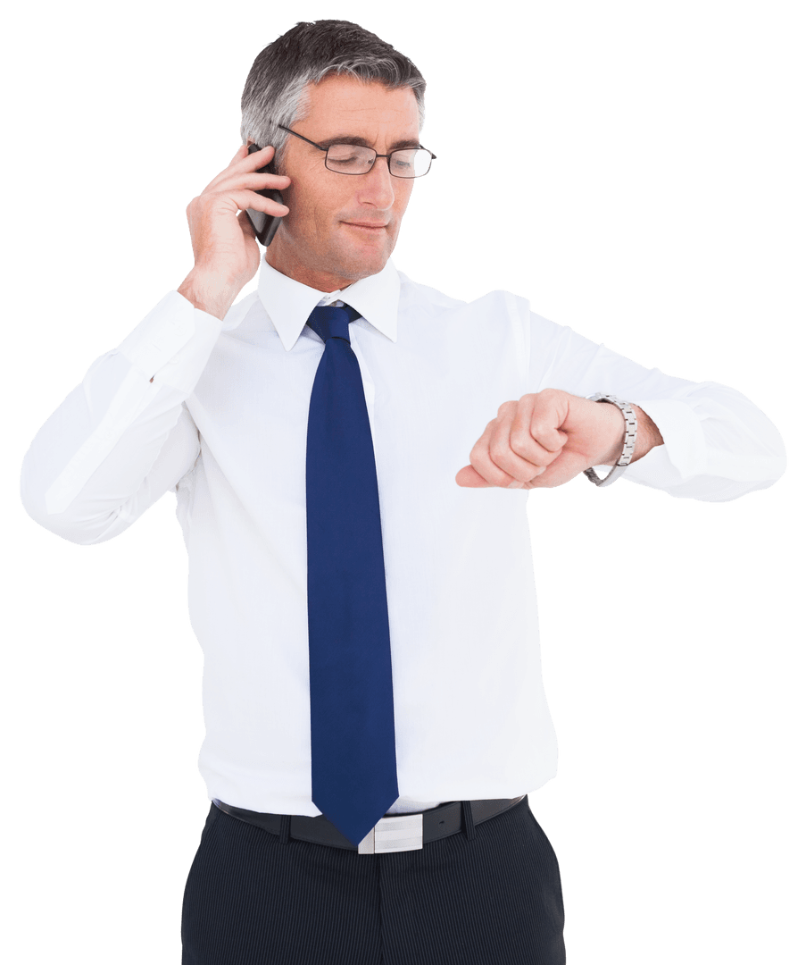 Businessman in Transparent Background Checking Time on Call