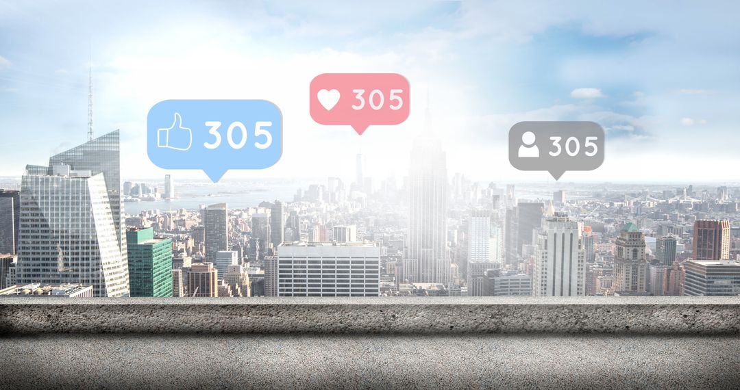 Social Media Metrics Overlay on Urban Cityscape Skyline