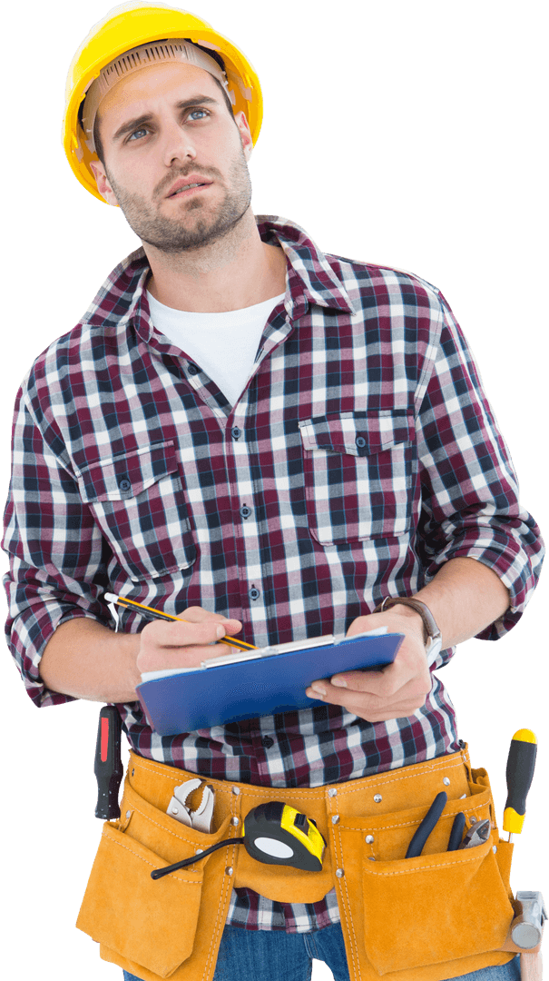 Thoughtful Repairman in Hard Hat Taking Notes Transparent Background