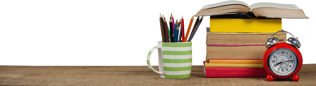 Transparent Stack of Books, Alarm Clock, and Pencils on Wooden Table