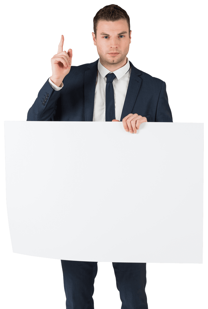 Confident Businessman Holding White Board with Index Finger Raised