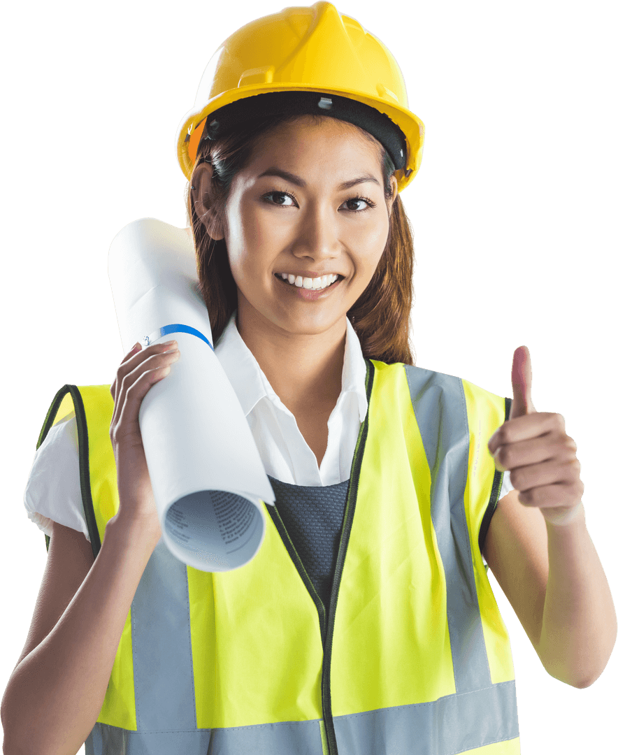 Smiling Female Architect With Construction Plans Giving Thumbs Up Transparent