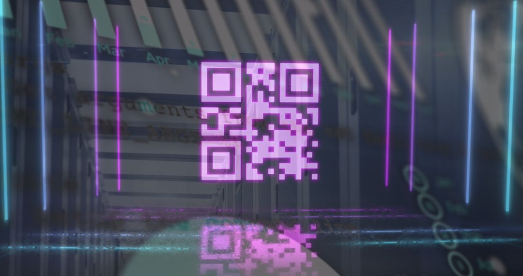 Neon QR Code in Futuristic Server Room with Data Overlay - Free Images, Stock Photos and Pictures on Pikwizard.com