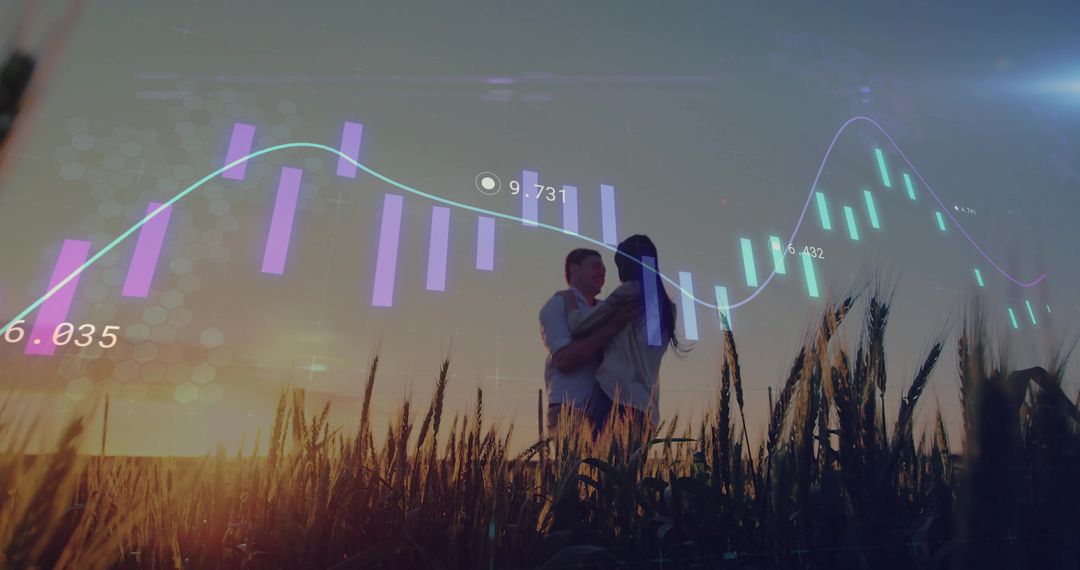 Couple in Wheat Field Overlaid with Data Charts and Sunset