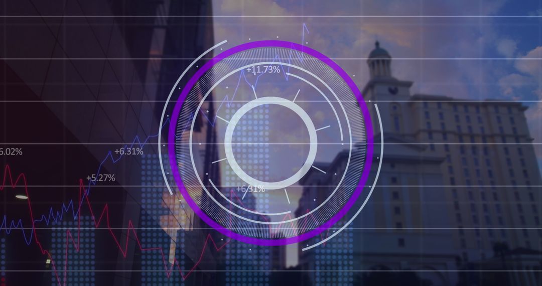 Digital Scanner Interface with Business Data Overlay on Cityscape
