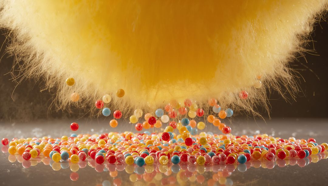 Golden Fuzzy Tuft Releasing Fibers Over Reflective Surface Scattering Multicolor Sprinkles