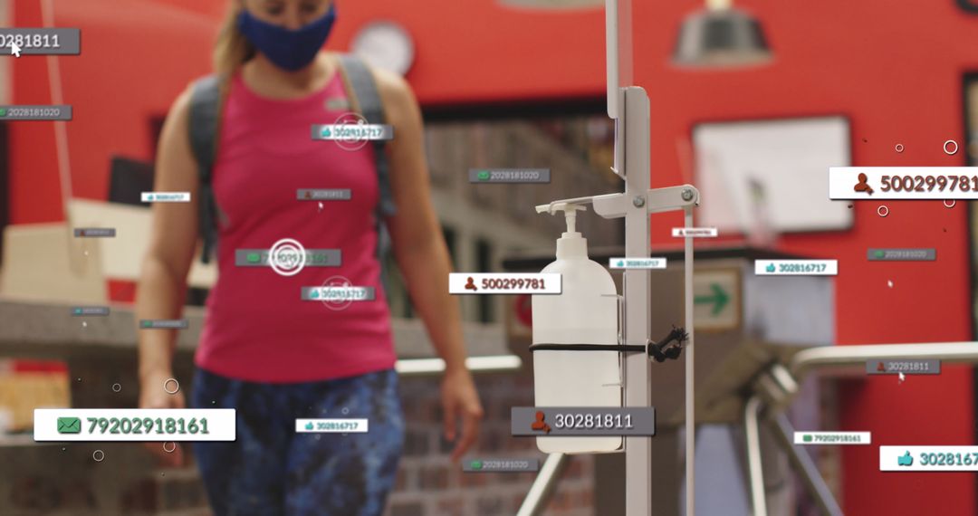 Woman in Gym Using Hand Sanitizer Amid Digital Social Notifications