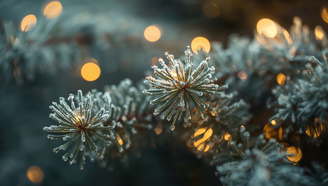 Frosted pine needles sparkling with icy crystals and warm golden bokeh