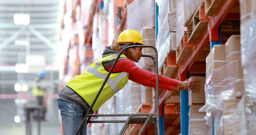 Warehouse Worker Organizing Inventory on High Shelves - Free Images, Stock Photos and Pictures on Pikwizard.com