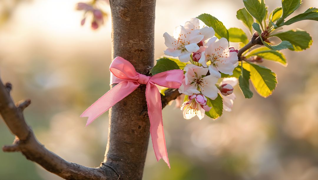 Spring Blossom Branch with Pink Ribbon in Golden Light