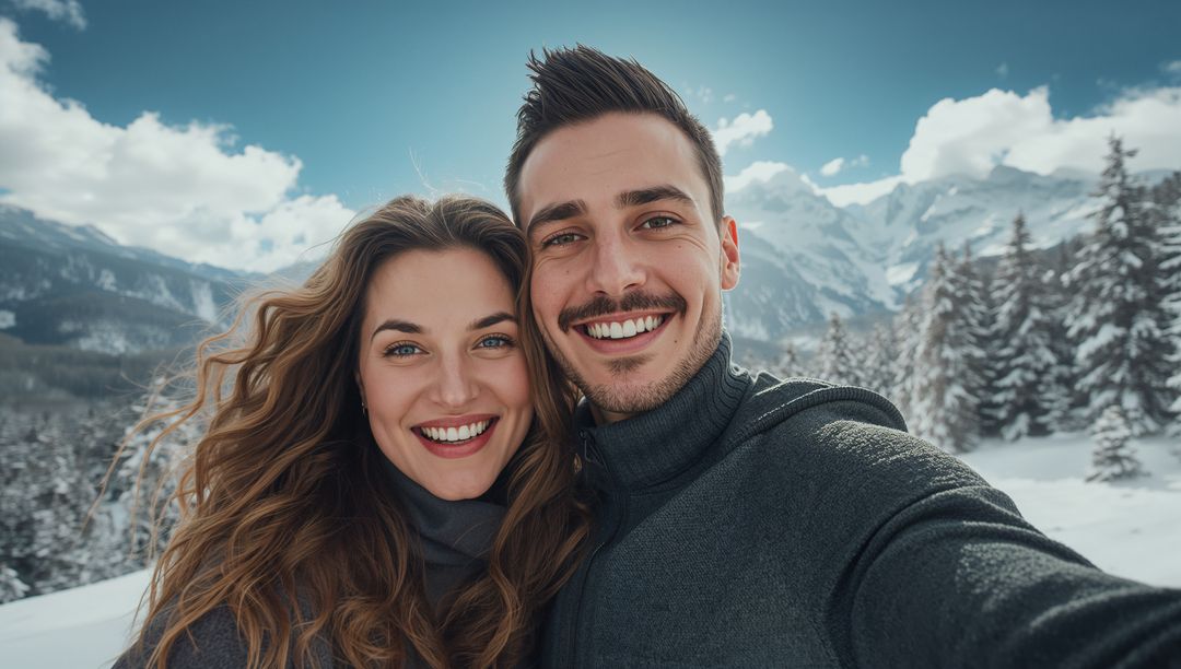 Happy Couple Taking Selfie in Winter Mountain Wonderland
