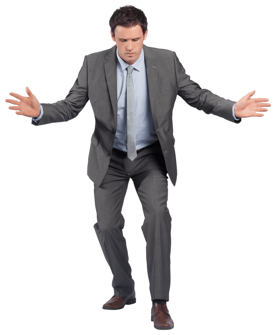 Transparent Businessman with Open Arms Gesture Looking Down