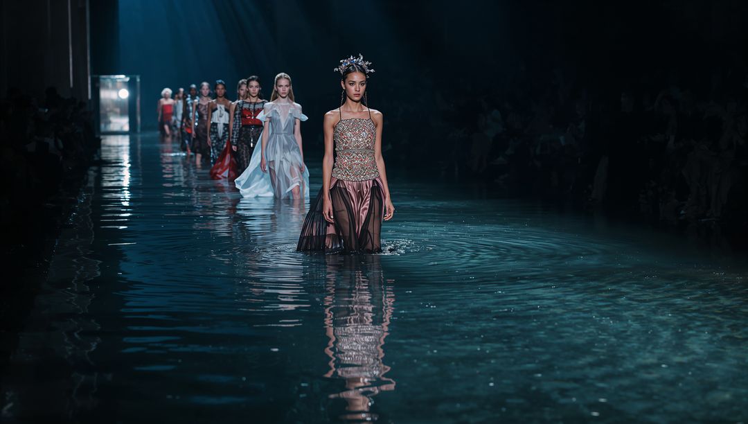 Elegant Model Gracefully Walking Runway Over Water