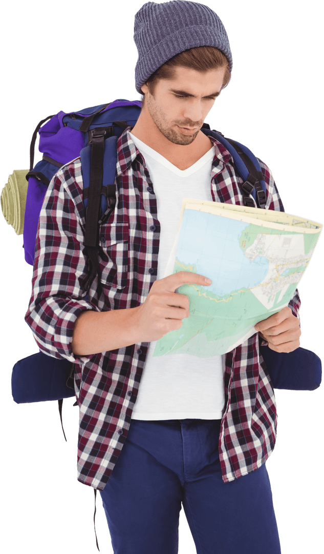Traveler in Beanie with Backpack and Transparent Map
