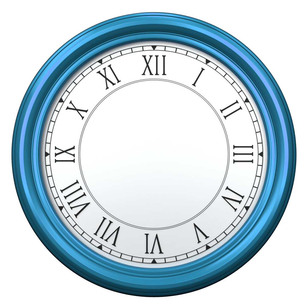 Shiny Blue Wall Clock with Roman Numerals on Transparent Background