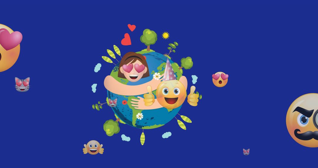 Emoticons Connecting Around Globe on Blue Background