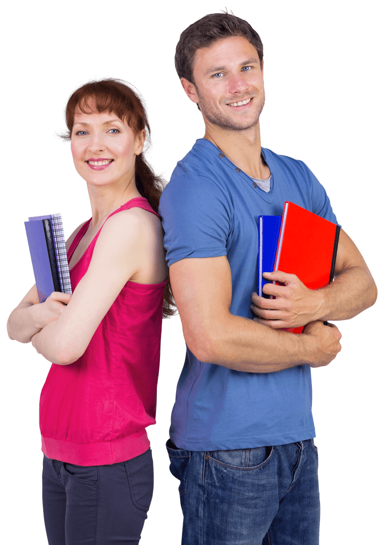 Confident Students Posing Back to Back with Notepads on Transparent Background