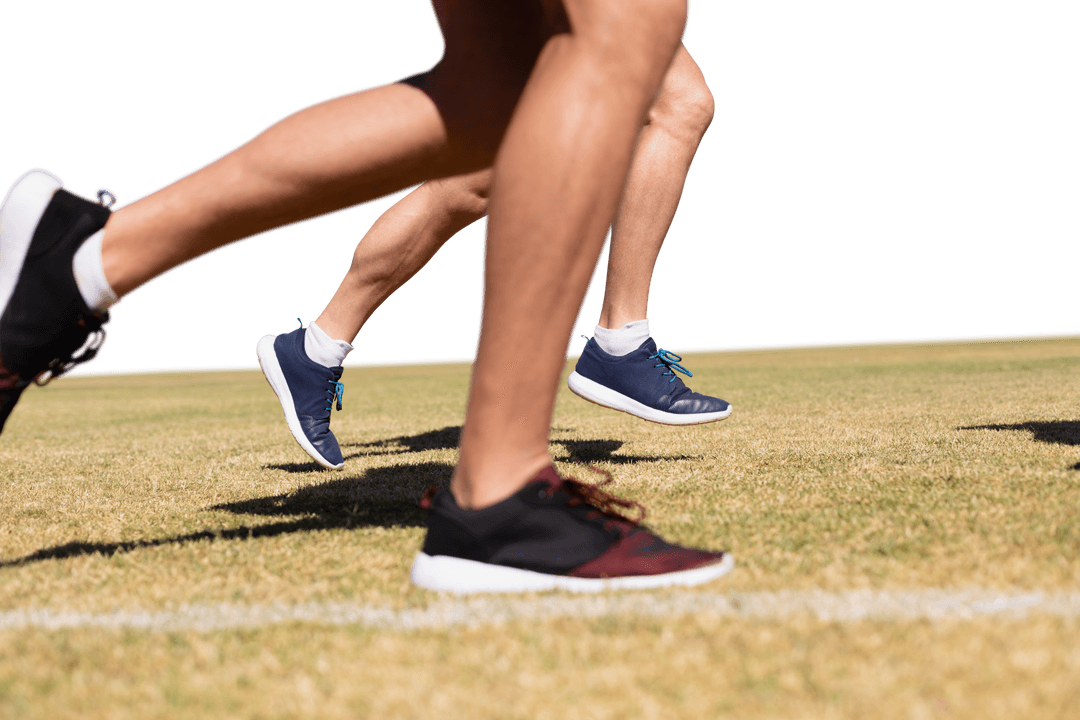 Transparent Background of Caucasian Men Running Fast on Grass