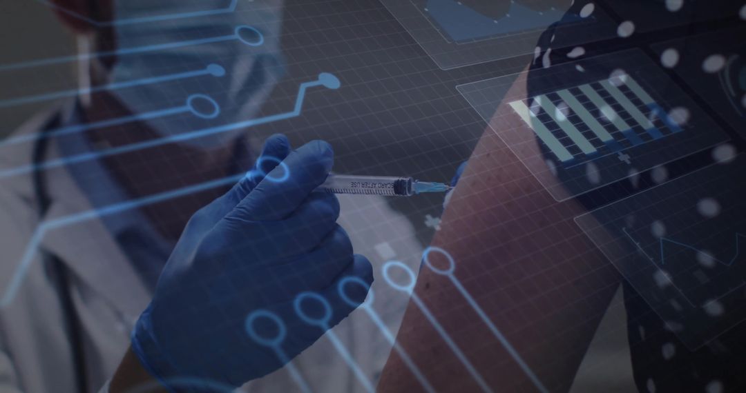 Doctor Administering Injection with Futuristic Digital Interface Overlay