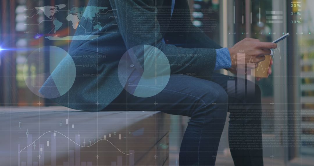 Businessman Analyzing Financial Data on Smartphone Amidst Charts