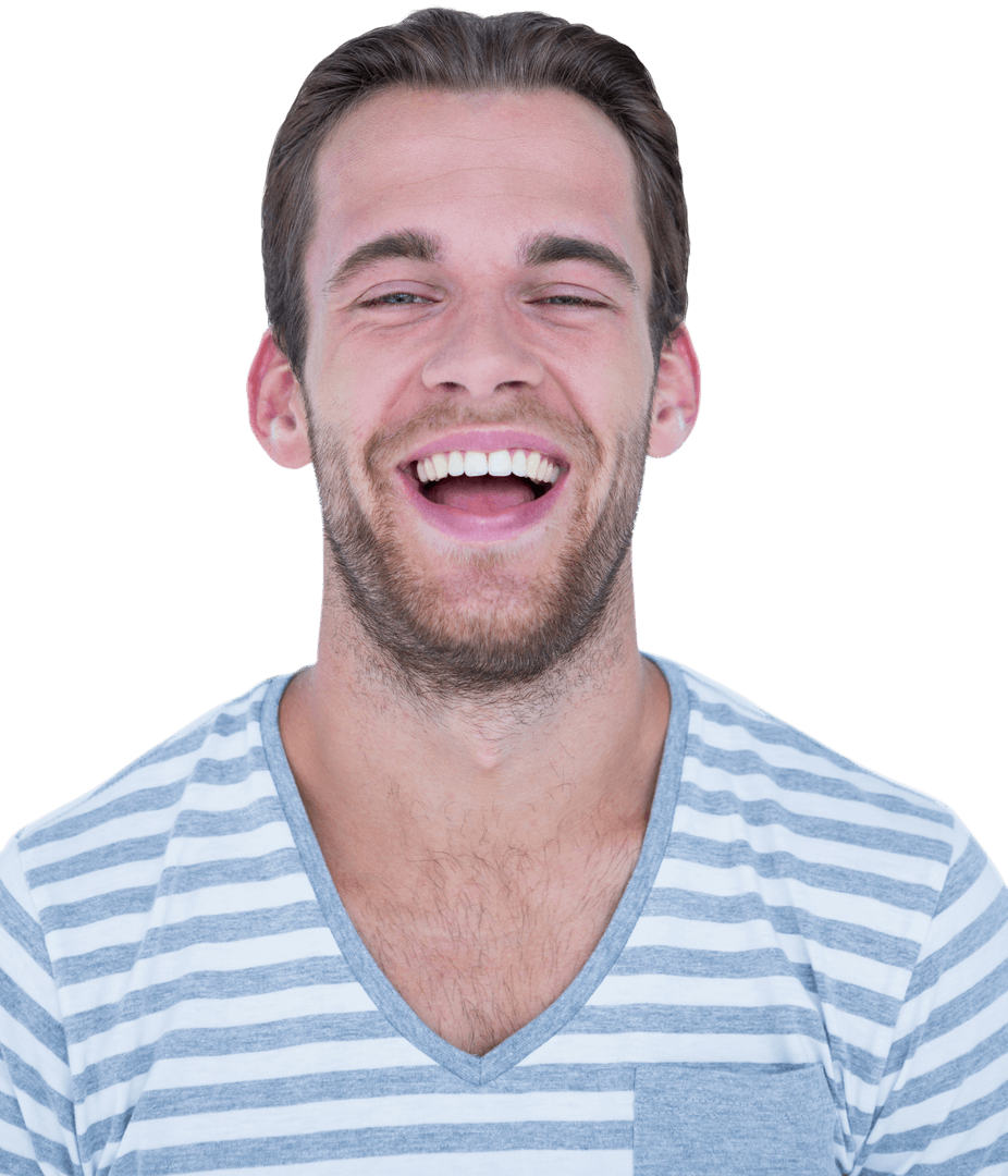 Joyful Man Laughing in Striped Shirt on Transparent Background
