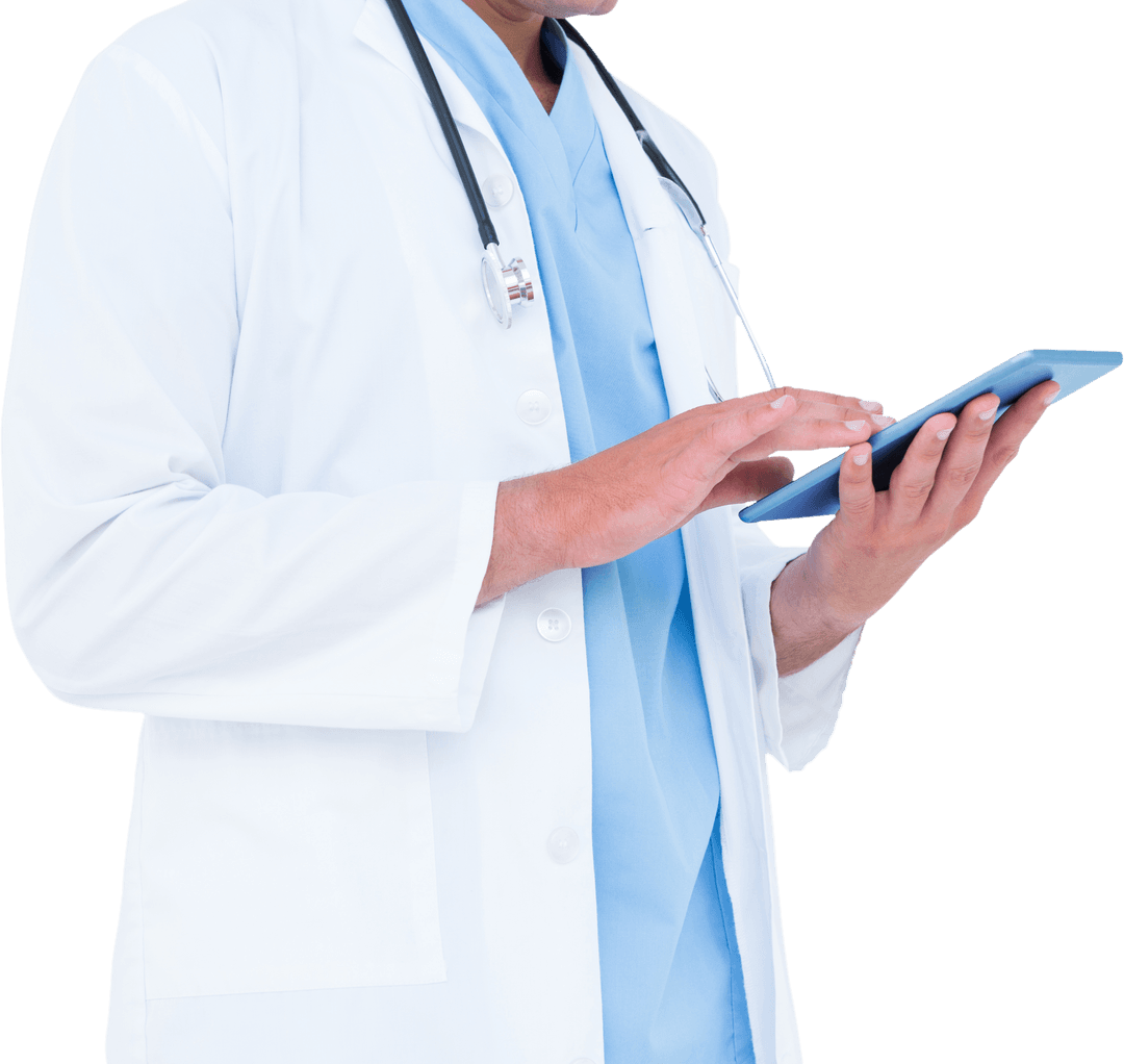 Transparent View of Doctor Using Digital Tablet for Patient Care