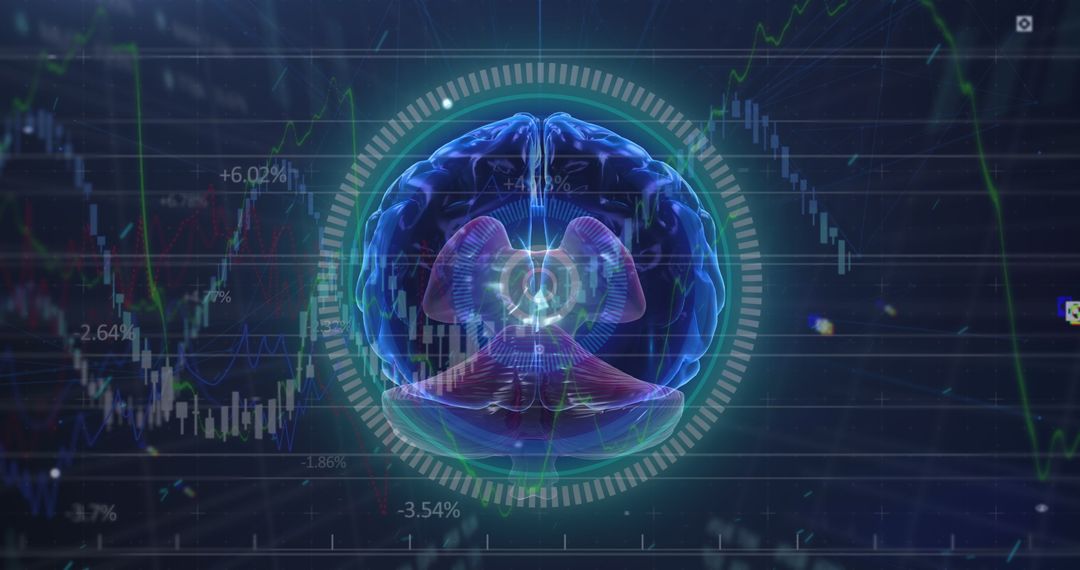 Futuristic Brain Hologram on Stock Market Data Background