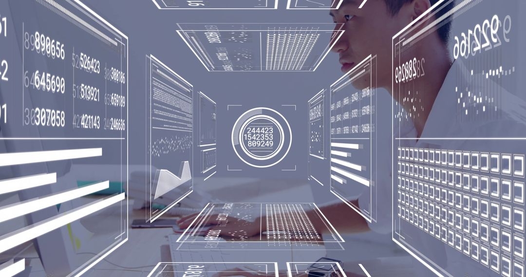 Futuristic Data Analyst Engaged with Holographic Display Interface