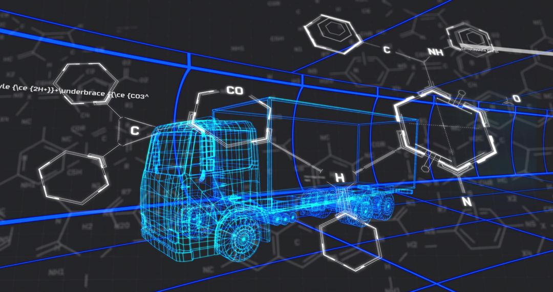 Neon Wireframe Truck Hologram Rotating on Virtual Grid with Molecular Hexagon Overlays