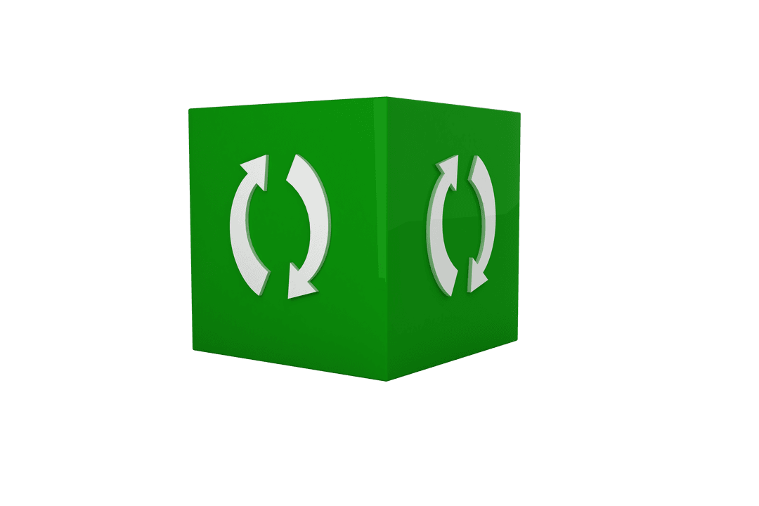 Green Cube with Rotating Arrows on Transparent Background