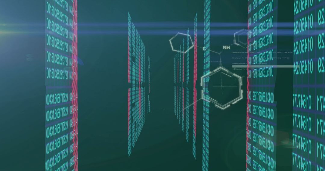 Futuristic Digital Tunnel with Streaming Code and Chemical Diagrams