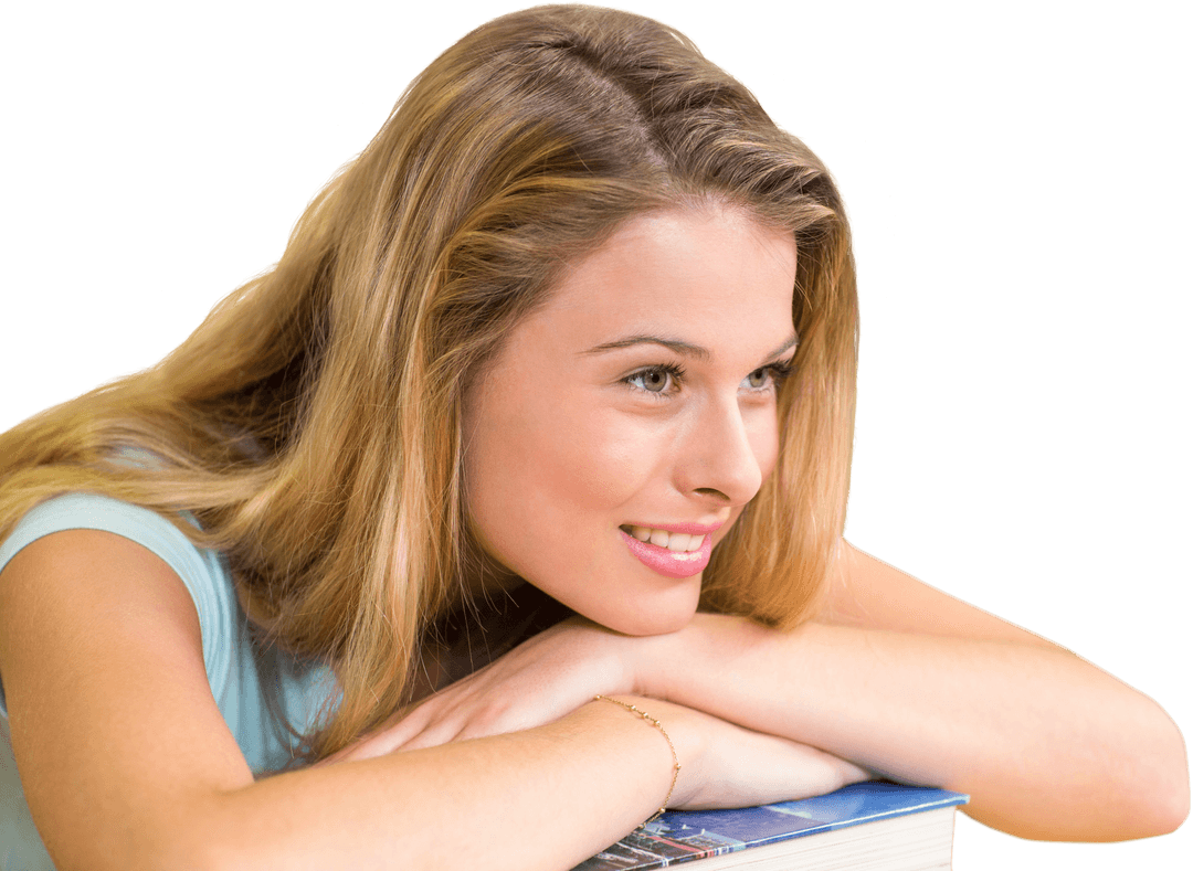 Transparent Student Smiling with Books Relaxing Thoughtfully
