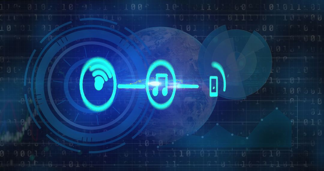 Futuristic Digital Network with Tech Icons and Binary Code
