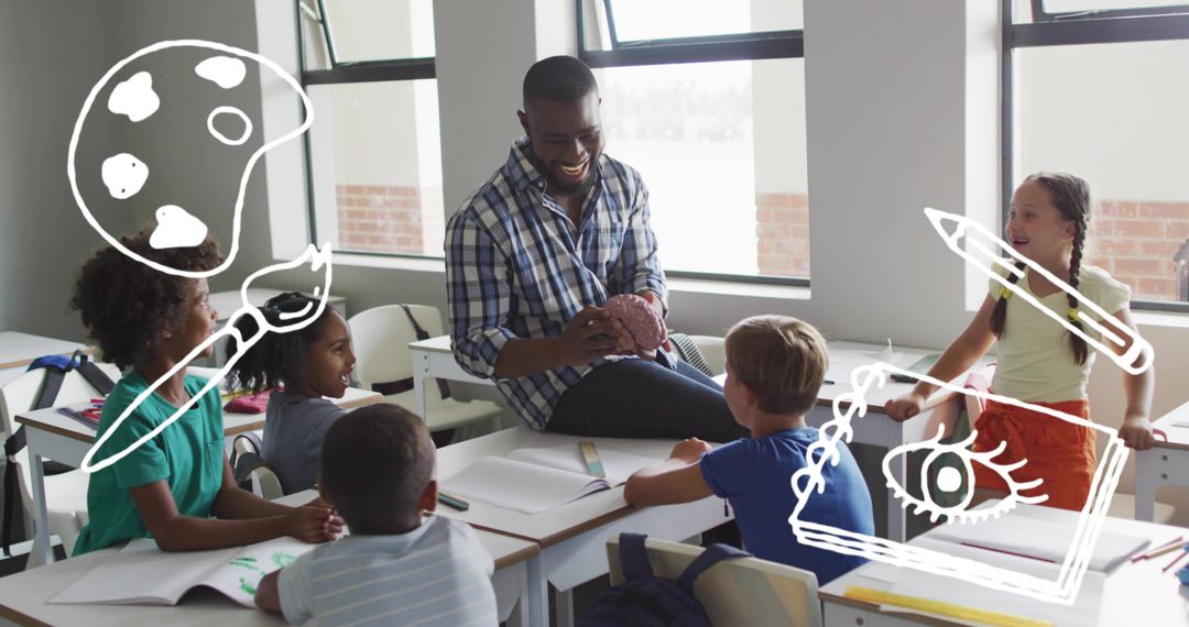 Teacher Holding Brain Model Teaching Science and Creative Learning to Young Students