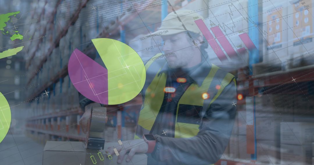 Warehouse Worker with Mixed Media Images of Financial Graphs