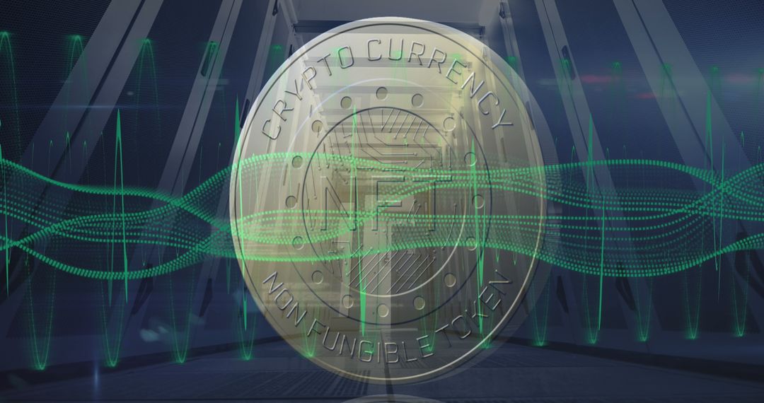 NFT Cryptocurrency Coin and Graphs on Digital Servers Background